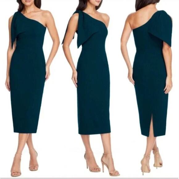NEW $198 Dress The Population Tiffany One Shoulder Bow Pine Green Cocktail Dress - Picture 2 of 7